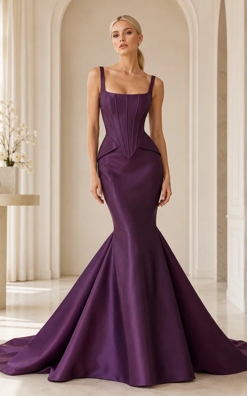 Robe de mariée sirène en satin à bretelles carrées et corset, couleur raisin, avec traîne courte.