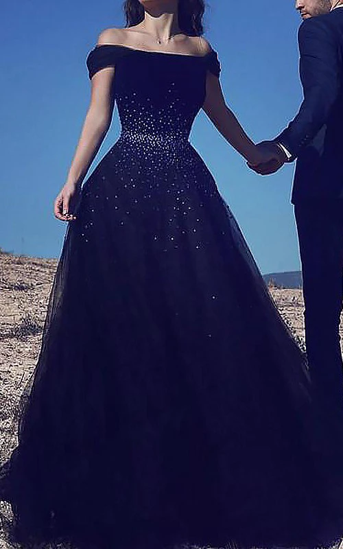 Vestido de gala de tul con hombros descubiertos y manga corta con cremallera