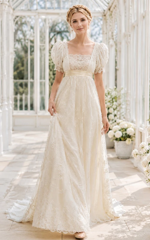 Antique Romantic Square Neck Puff Sleeve Lace Empire A-Line Court Train Wedding Dress
