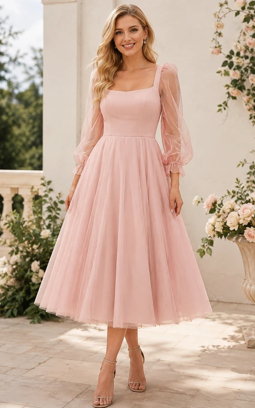 Vestido de cóctel formal romántico de corte A, largo hasta la rodilla, color rosa perla agua de rosas, con escote cuadrado, mangas abullonadas y tul.