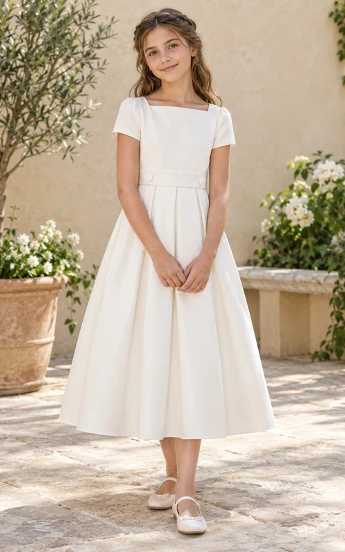 Square Neck Simple Modest Tea-length Ivory Short Sleeve Deep Pleated Buttoned A-Line Flowergirl Dress