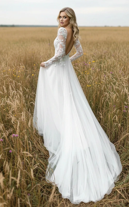 Sexy V-Rücken-Etui-Brautkleid aus Spitze und Tüll im Landhausstil