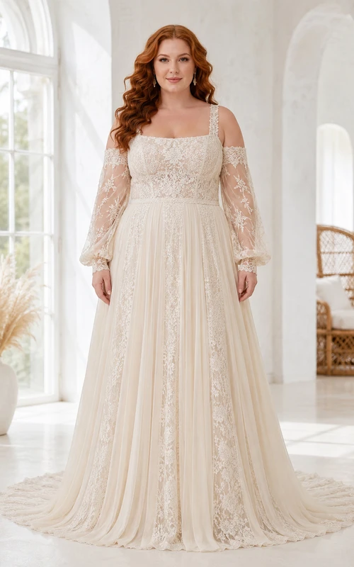 Vestido de novia de talla grande color marfil con escote cuadrado, manga larga y encaje, corte en A