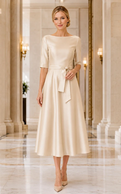 Vestido midi de corte A con cinturón, escote barco y mangas cortas en satén color champán
