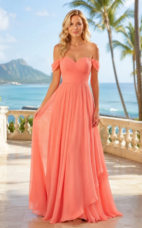 Korallenfarbenes, schulterfreies, plissiertes Chiffon-Abendkleid mit kurzen Ärmeln und A-Linien-Schnitt