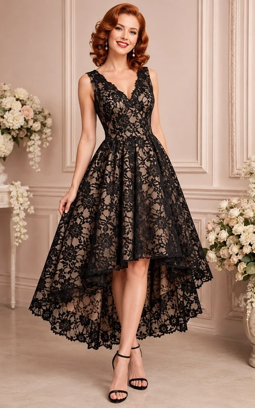 Black Gold V-Neck Sleeveless Floral Lace A-Line High-Low Cocktail Dress