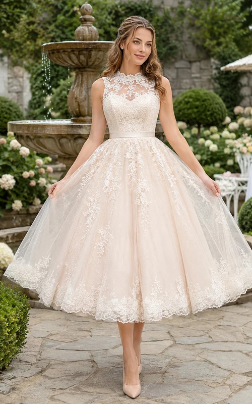 Ärmelloses Brautkleid aus Spitze im Stil der 1950er Jahre mit hohem Kragen und Teelänge