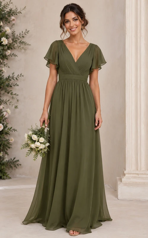 Dark Green V-Neck Short Sleeve Chiffon A-Line Bridesmaid Dress