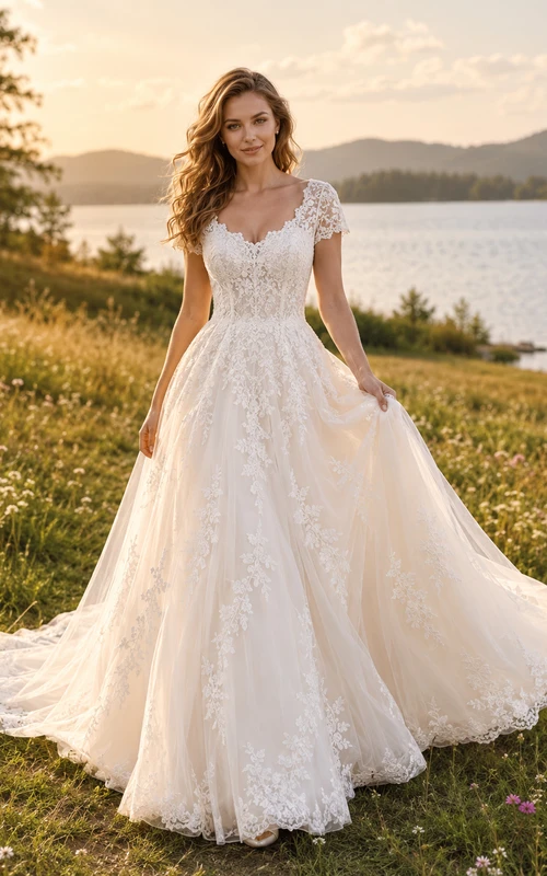 Country V Neck Cap Sleeve Lace Tulle A-Line Illusion Back Chapel Wedding Dress