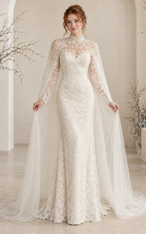 Vestido de novia vintage de cuello alto, manga larga y encaje floral con capa.