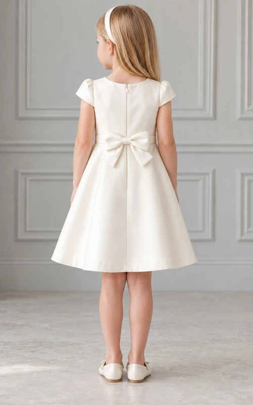Schlichtes, schlichtes, cremefarbenes Blumenmädchenkleid mit knielangem Rock, kurzen Ärmeln, Falten, Satin und langer Schleppe, Schleife
