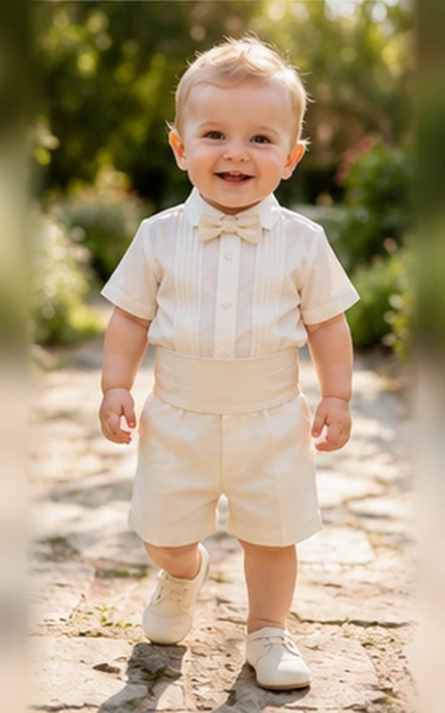 Ivory Pintuck Bow Tie Short Sleeve Christening Suit for Baby Boy