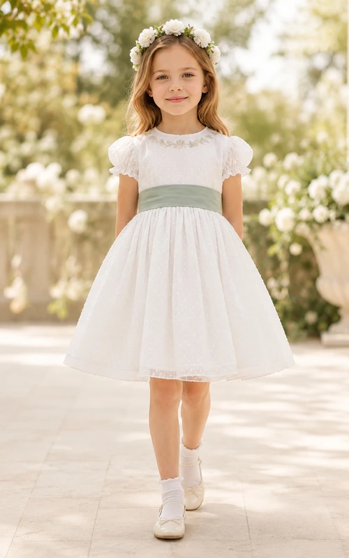 Vestido de niña de flores de corte A en tul marfil y satén con manga corta tipo casquillo, escote joya y falda a la altura de la rodilla con detalles de lazo.