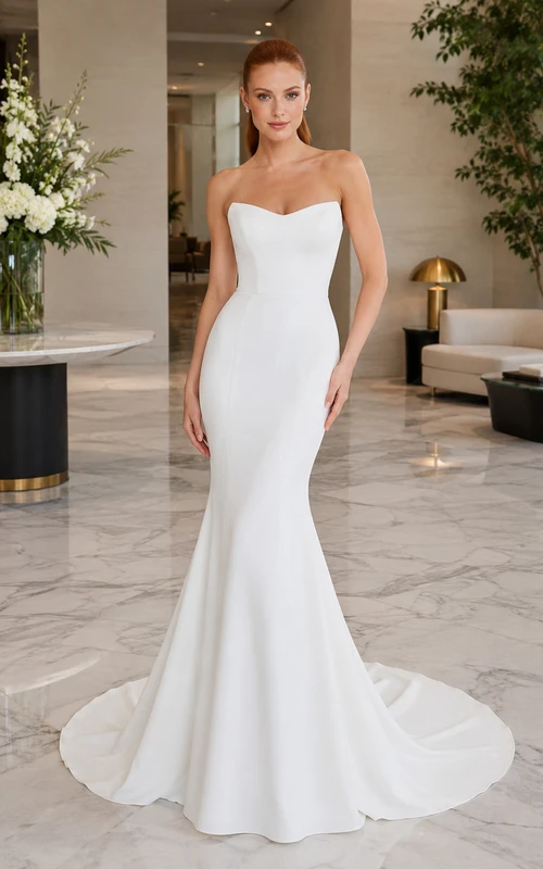 Trägerloses Brautkleid im Meerjungfrauenstil aus Satin mit eleganter Schleppe