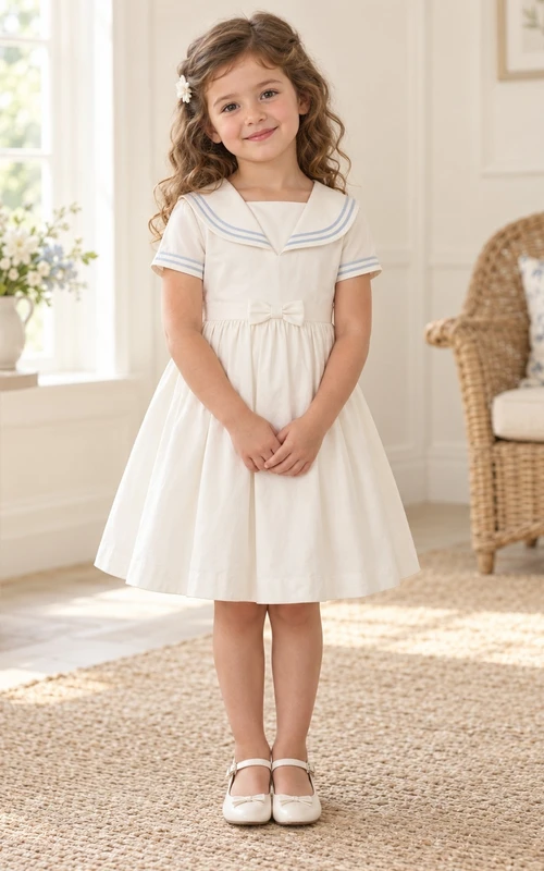 Vintage Modest White Knee Length Curved Sailor Collar Small Waist Bow Flower Girl Dress