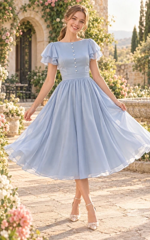Robe de bal modeste en mousseline bleu ciel, longueur thé, col rond et manches à volants