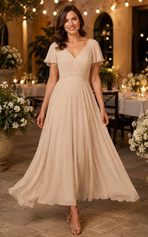 Champagne Chiffon V-neck Tea-length A-Line Guest Dress