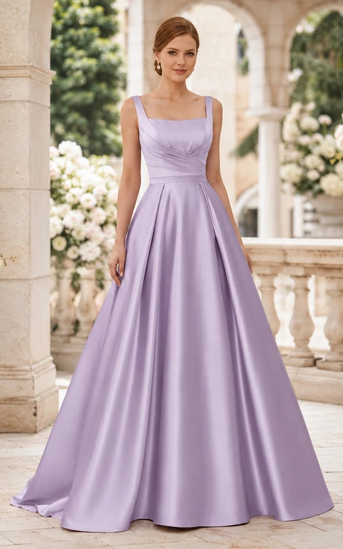 Robe de mariée lilas en satin, décolleté carré, bretelles carrées et traîne.