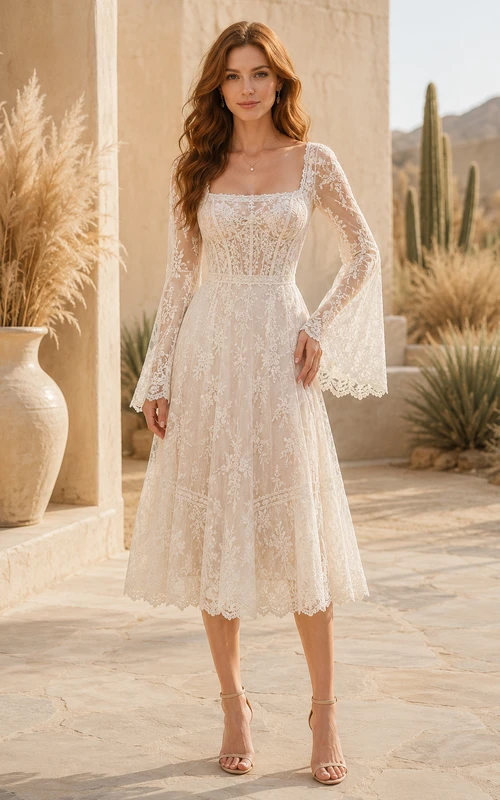 Robe de mariée en dentelle mi-longue à col carré et manches longues cloche