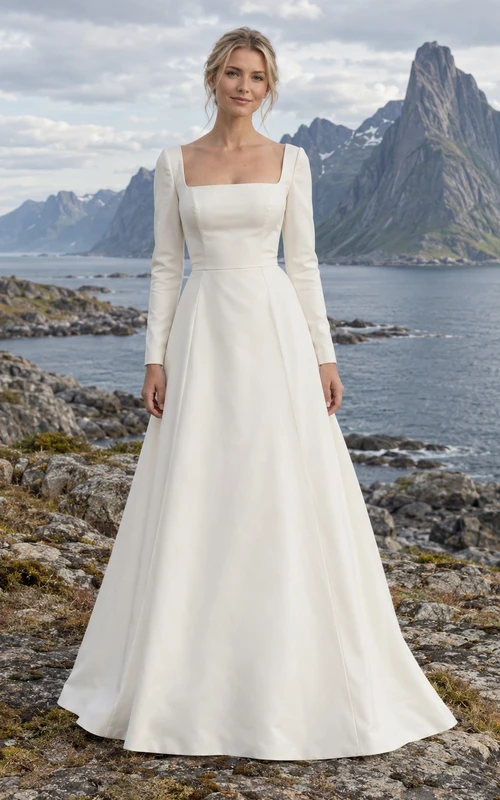 Vestido de novia sencillo de corte A con escote cuadrado, manga larga y falda de satén de algodón.
