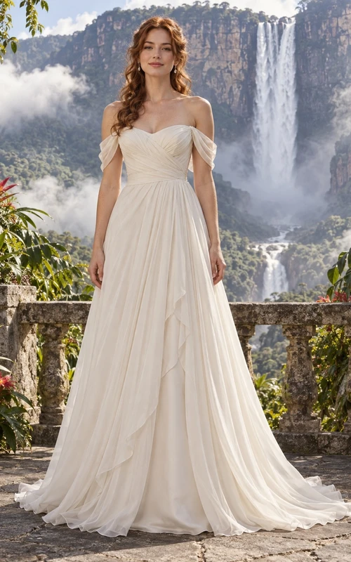 Vestido de novia de gasa con escote corazón y hombros descubiertos, corpiño cruzado y cola larga en línea A.