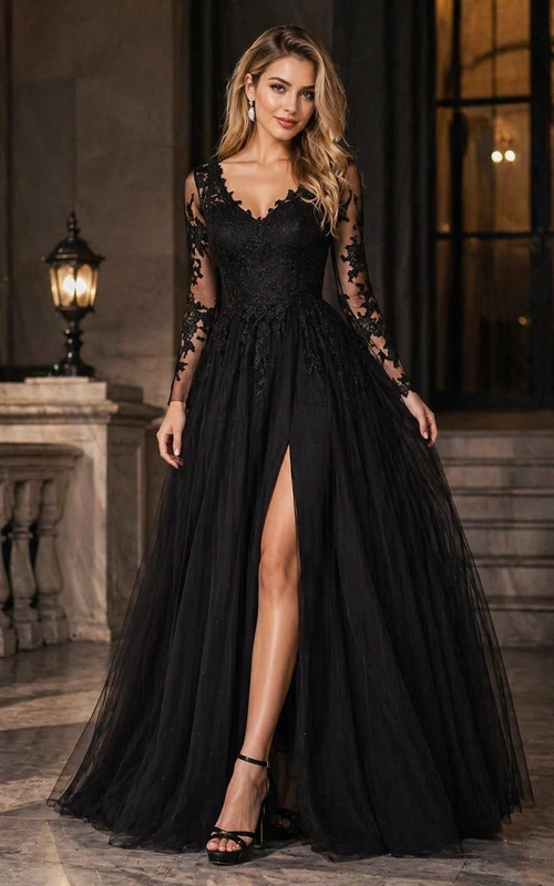 Tulle Floor-length A Line Long Sleeve Romantic Formal Dress with Appliques and Lace