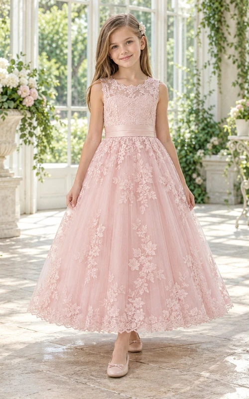 Vestido de niña de flores discreto, rosa, con estampado floral, corte en A, tul, sin mangas, largo hasta los tobillos y lazo en la espalda.