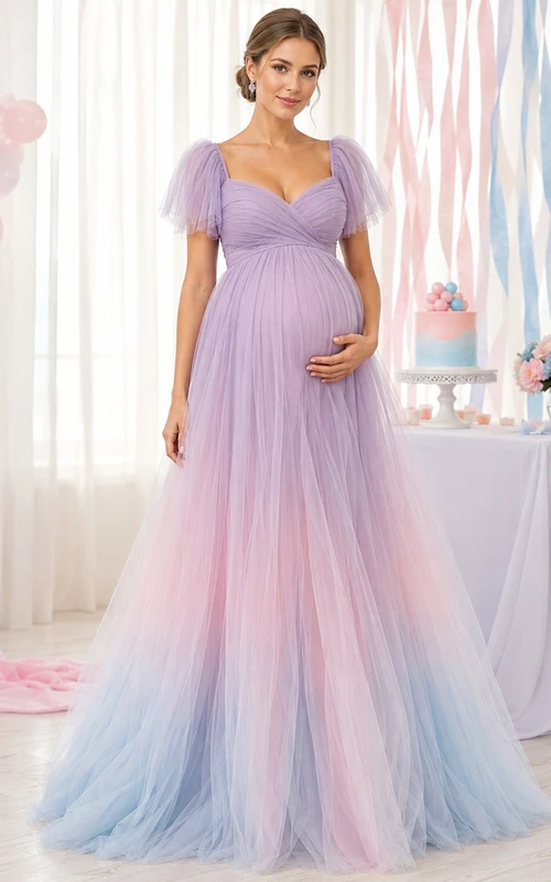 Vestido de maternidad largo hasta el suelo con escote corazón, tul y diseño degradado en tonos lavanda, rosa y azul para revelar el sexo del bebé.