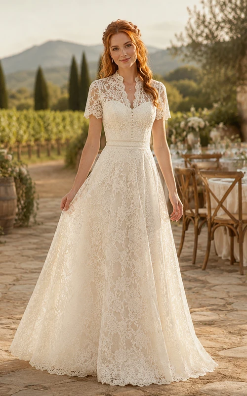 Collared Short Sleeve Lace A Line Vineyard Bridal Gown