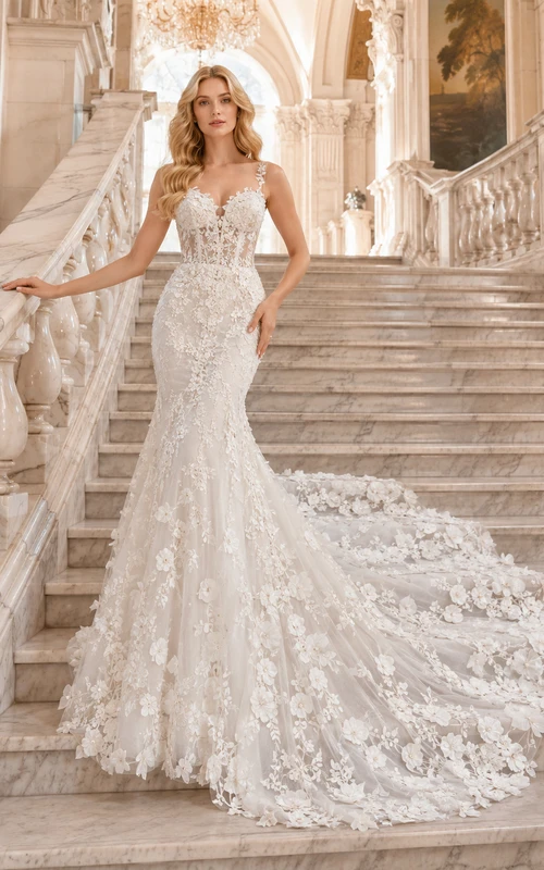 Vestido de novia de sirena con cola de encaje floral en cascada y gran escalera