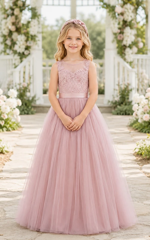 Bodenlanges Tüllkleid mit Spitzenoberteil, A-Linien-Schnitt, kurzen Ärmeln, Rundhalsausschnitt und bodenlangem Rock für Blumenmädchen.