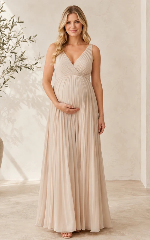 Robe de cérémonie longue en mousseline de soie champagne plissée, col en V et bretelles, coupe empire.
