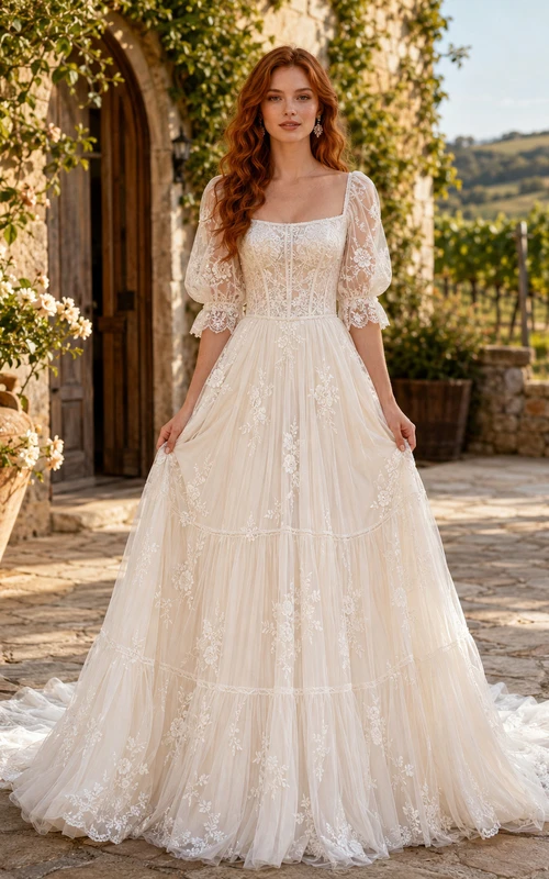 Vestido de novia bohemio de encaje y tul, corte en A, escote cuadrado, mangas abullonadas y cola larga.