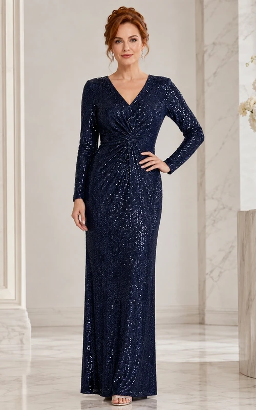 Dark Navy Sequin V-Neck Long-Sleeve Sheath Floor-Length Evening Dress