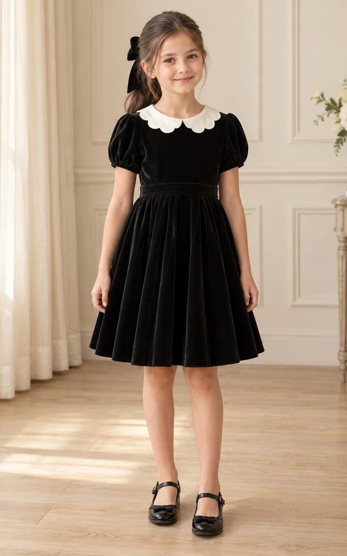 Schwarzes Vintage-Blumenmädchenkleid aus Samt mit elfenbeinfarbenem, geschwungenem Kragen und Puffärmeln, verziert mit Muschelkanten.