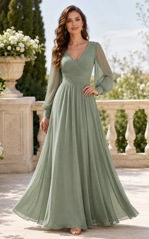 Celadonfarbenes, bodenlanges Brautjungfernkleid aus Chiffon mit V-Ausschnitt, Bischofsärmeln und A-Linien-Schnitt – schlicht und elegant