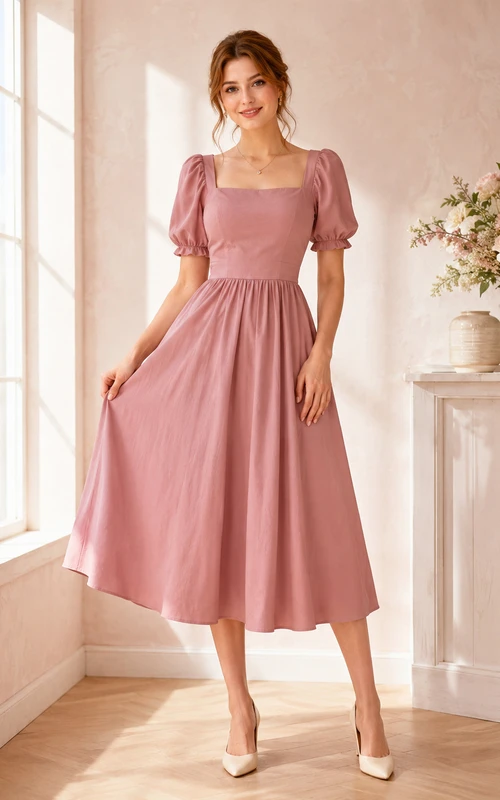 Vestido de cóctel vintage de satén color rosa empolvado con escote cuadrado y mangas abullonadas, corte en A y largo hasta la rodilla.
