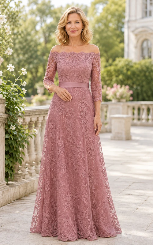 MOB-Kleid aus altrosa Spitze, A-Linie, 3/4-Ärmel, schulterfrei, bodenlang