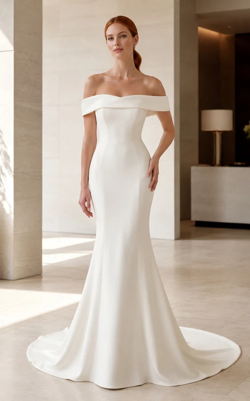 Robe de mariée fourreau en mousseline, épaules dénudées, longueur au sol, dos nu plongeant.