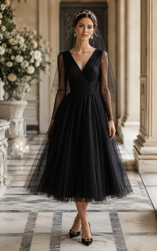 Black V-neck Tulle Tea-length Wedding Dress