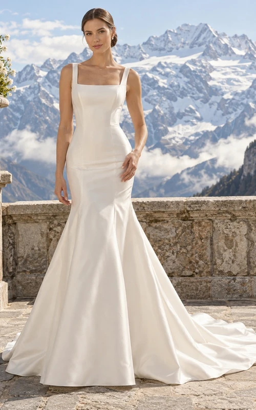 Vestido de novia sencillo de tafetán con escote cuadrado, estilo sirena, sin mangas y cola larga.