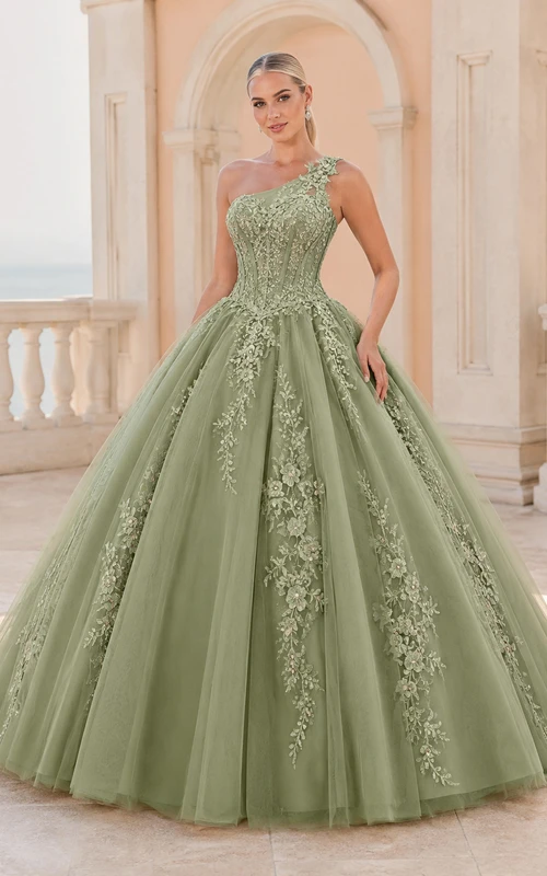 celadon Green Luxury One Shoulder Floral Applique Tulle Elegant Quinceanera Princess Ball Gown