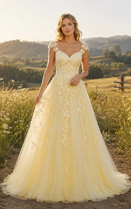 Yellow Floral Applique Countryside Meadow A Line Bridal Gown