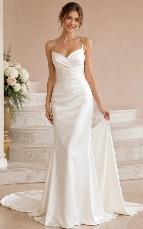 Simple Spaghetti V-Neck Low-V Back Satin Mermaid Court Train Wedding Dress