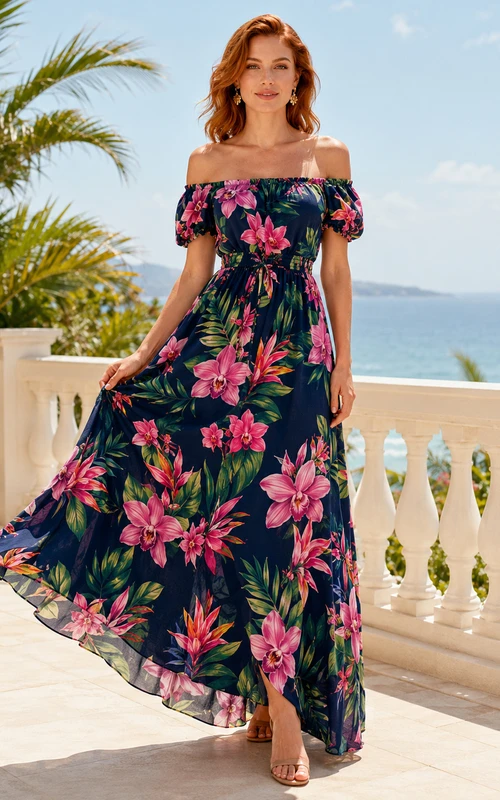 Navy Island Floral Off Shoulder Chiffon Maxi Guest Dress