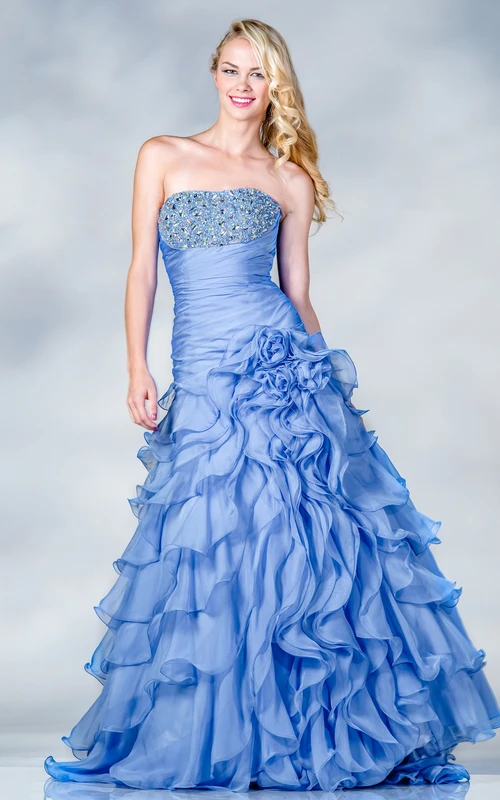Vestido de gala sin tirantes ni mangas de organza con cuentas y flores