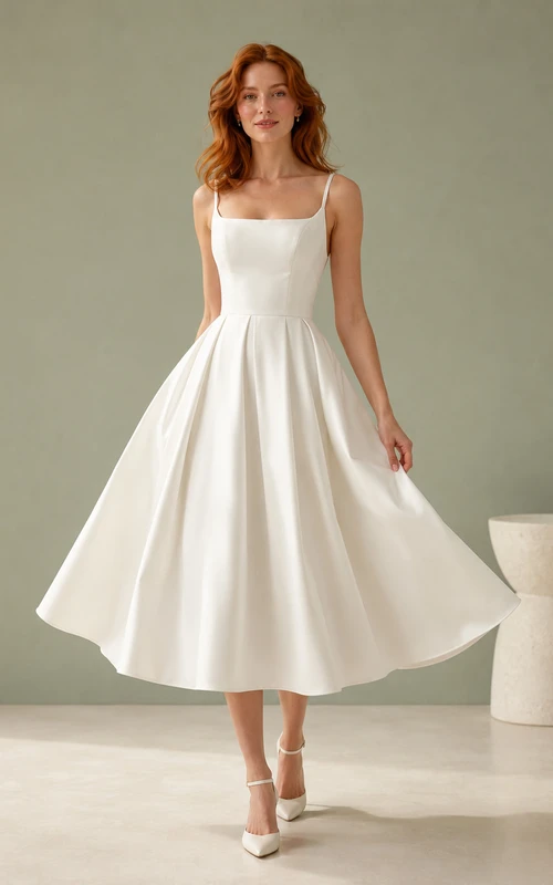Robe de mariée midi en satin à encolure carrée minimaliste et jupe ample