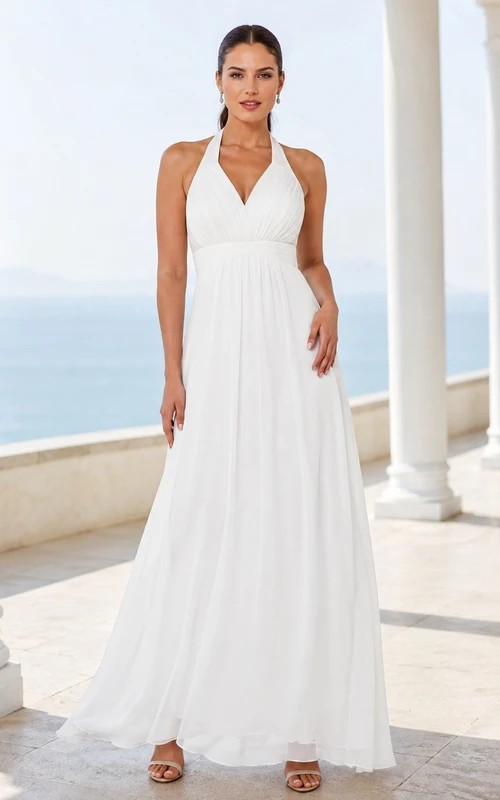 White Chiffon Halter Sleeveless A-Line Floor-Length Draped Beach Dress