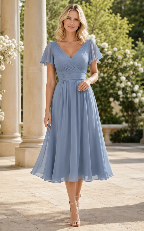 Modest Sky Blue Flutter Sleeve Pleated Chiffon A-Line Tea-Length Guest Dress