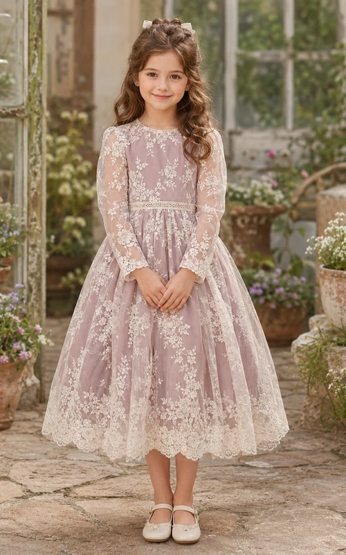 Blumenmädchenkleid, mauve, aus Spitze und Tüll, A-Linie, lange Ärmel, Rundhalsausschnitt, Teelänge